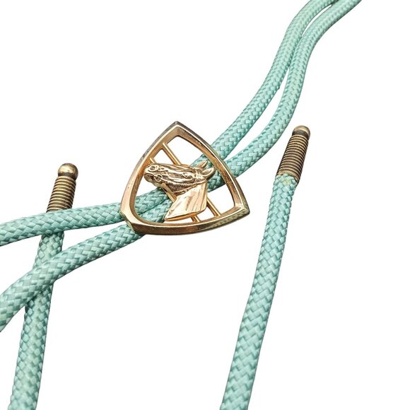 Vintage Turquoise Bolo Tie with Hickok Horse Head in Shield Gold Tone Slide West - Picture 2 of 4